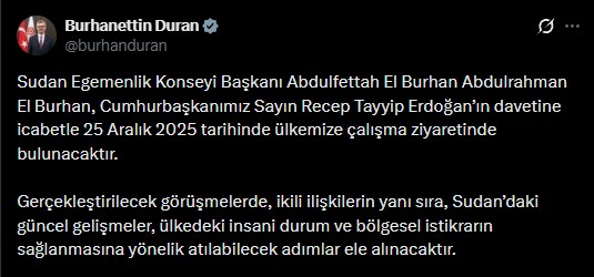 Sudan Egemenlik Konseyi Başkanı El Burhan Türkiye’ye geliyor